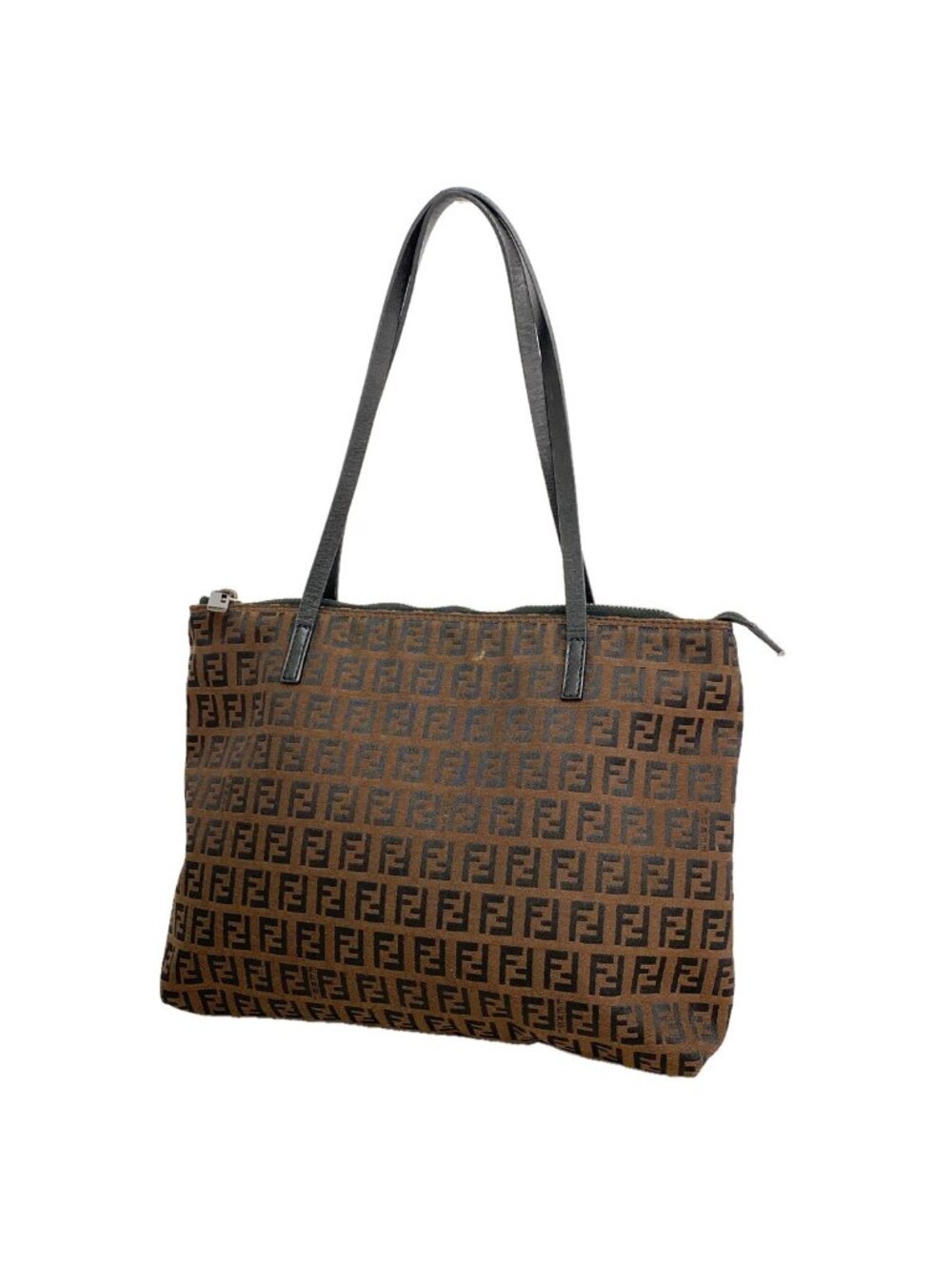 Fendi Tote Zucchino Nylon Canvas Brown Black Silver